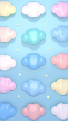 Cute pastel clouds on blue background. 3d rendering picture. (Vertical)
