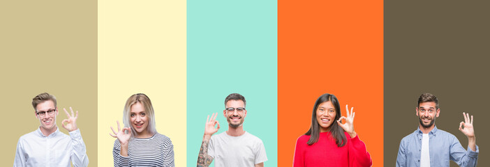 Fototapeta premium Collage of group of young people over colorful isolated background smiling positive doing ok sign with hand and fingers. Successful expression.