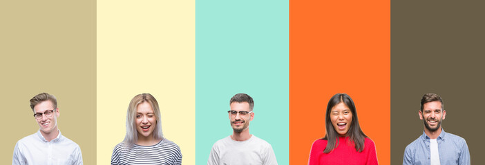 Obraz premium Collage of group of young people over colorful isolated background winking looking at the camera with sexy expression, cheerful and happy face.