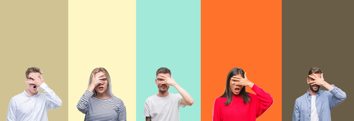 Collage of group of young people over colorful isolated background peeking in shock covering face and eyes with hand, looking through fingers with embarrassed expression.