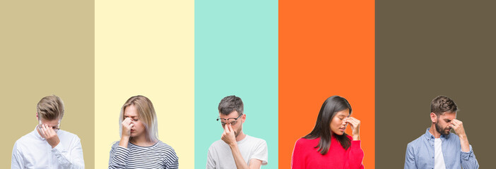 Collage of group of young people over colorful isolated background tired rubbing nose and eyes feeling fatigue and headache. Stress and frustration concept.