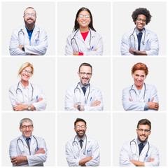 Collage of group of doctor people wearing stethoscope over isolated background happy face smiling...