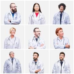 Collage of group of doctor people wearing stethoscope over isolated background smiling looking side and staring away thinking.