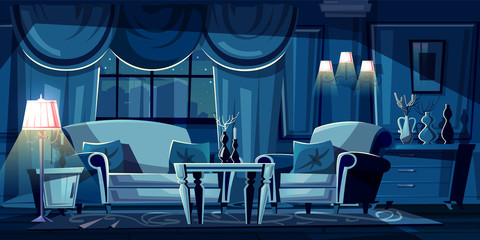 Vector cartoon illustration of dark living room at night. Modern interior with sofa, armchair and decorations. Nightstand with torchiere lamp, window with curtains in moonlight. Concept background.