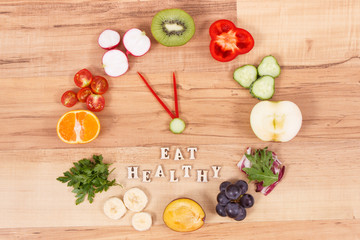 Fruits and vegetables in shape of clock showing time of 23 hours 55 minutes, new years resolutions concept
