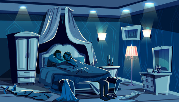 Lovers sleep in bed vector illustration of night bedroom with scattered clothes in passion hurry. Man and woman in embrace under blanket after sex in hotel or apartment room interior