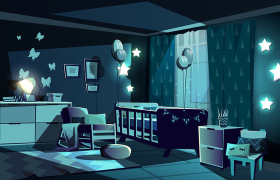 Vector illustration of newborn kid or nursery room at night in moonlight. Modern interior with bed, shining stars and furniture in Scandinavian style. Chair with pillow, carpet and butterflies on wall