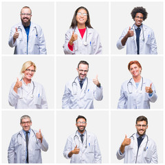 Collage of group of doctor people wearing stethoscope over isolated background doing happy thumbs...