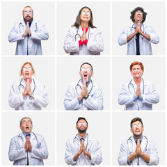 Collage of group of doctor people wearing stethoscope over isolated background begging and praying with hands together with hope expression on face very emotional and worried