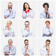 Collage of group of doctor people wearing stethoscope over isolated background looking confident at the camera with smile with crossed arms and hand raised on chin. Thinking positive.