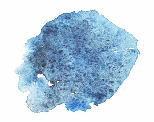Watercolor stain drawn by hand. Blue with dark blue splashes, a clear edge, white background.