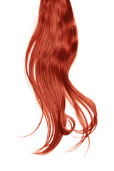 Red hair isolated on white background. Long disheveled ponytail