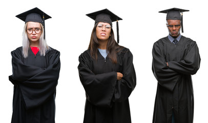 Collage of group of young student people wearing univerty graduated uniform over isolated background skeptic and nervous, disapproving expression on face with crossed arms. Negative person.