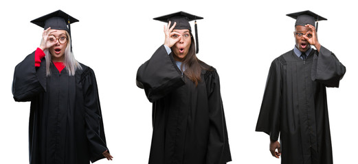 Collage of group of young student people wearing univerty graduated uniform over isolated background doing ok gesture shocked with surprised face, eye looking through fingers. Unbelieving expression.