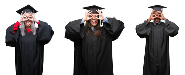 Collage of group of young student people wearing univerty graduated uniform over isolated background doing ok gesture like binoculars sticking tongue out, eyes looking through fingers