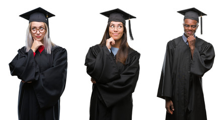 Collage of group of young student people wearing univerty graduated uniform over isolated background with hand on chin thinking about question, pensive expression. Smiling with thoughtful face