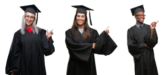 Collage of group of young student people wearing univerty graduated uniform over isolated background with a big smile on face, pointing with hand and finger to the side looking at the camera.