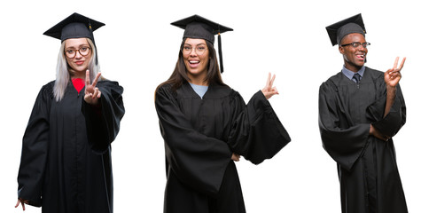 Collage of group of young student people wearing univerty graduated uniform over isolated background smiling with happy face winking at the camera doing victory sign. Number two.