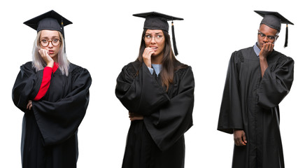 Collage of group of young student people wearing univerty graduated uniform over isolated background looking stressed and nervous with hands on mouth biting nails. Anxiety problem.