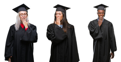 Collage of group of young student people wearing univerty graduated uniform over isolated background bored yawning tired covering mouth with hand. Restless and sleepiness.