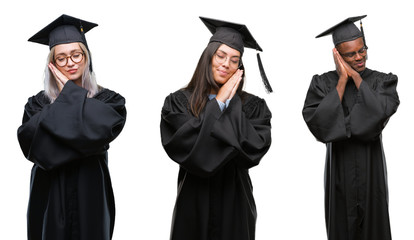 Collage of group of young student people wearing univerty graduated uniform over isolated background sleeping tired dreaming and posing with hands together while smiling with closed eyes.