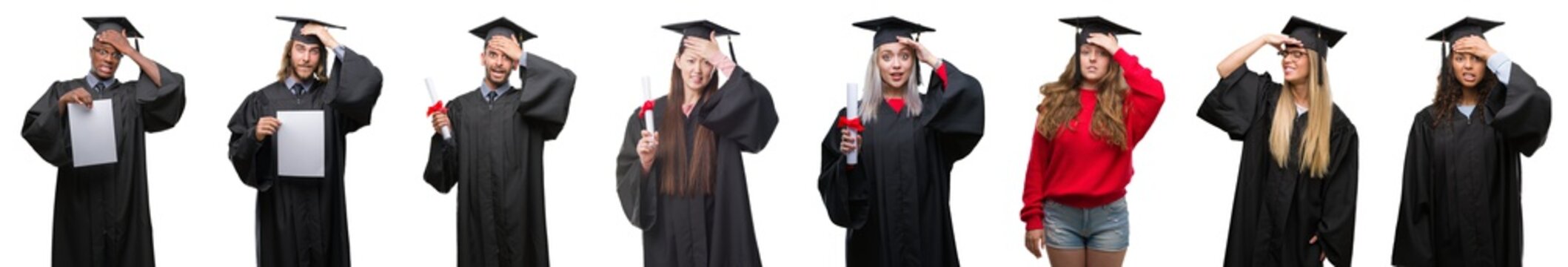 Collage of group of young student people wearing univerty graduated uniform over isolated background stressed with hand on head, shocked with shame and surprise face, angry and frustrated.