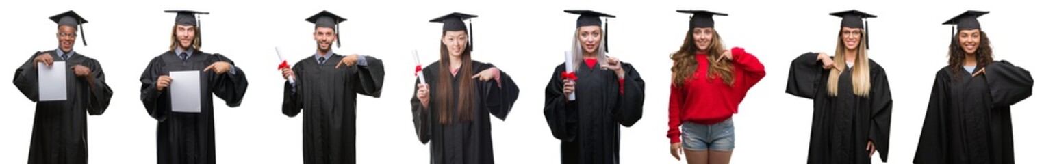 Collage of group of young student people wearing univerty graduated uniform over isolated background with surprise face pointing finger to himself