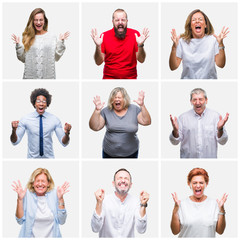 Collage of group of young, middle age and senior people over isolated background celebrating mad...