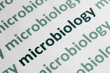 word microbiology printed on paper macro