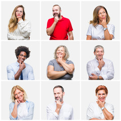 Collage of group of young, middle age and senior people over isolated background looking confident at the camera with smile with crossed arms and hand raised on chin. Thinking positive.