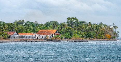 Old colonial buildings, Portuguese. Travel to Sao Tome and Principe. Beautiful paradise island in Gulf of Guinea. Former colony of Portugal.