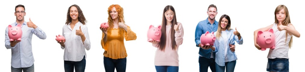 Collage of group of people saving money using piggy bank over isolated background happy with big smile doing ok sign, thumb up with fingers, excellent sign