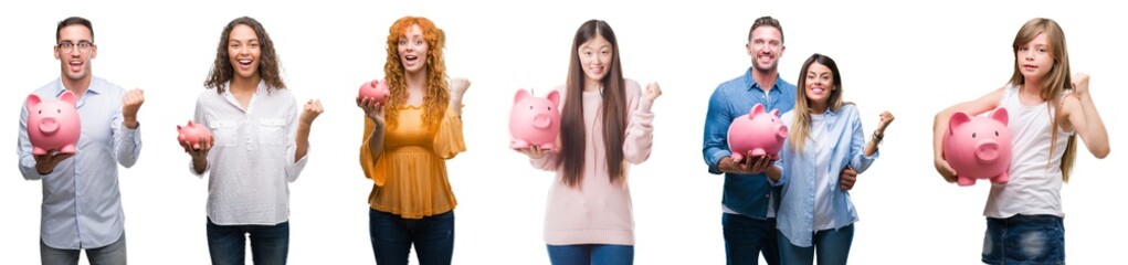 Collage of group of people saving money using piggy bank over isolated background screaming proud and celebrating victory and success very excited, cheering emotion