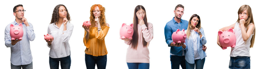 Collage of group of people saving money using piggy bank over isolated background serious face...