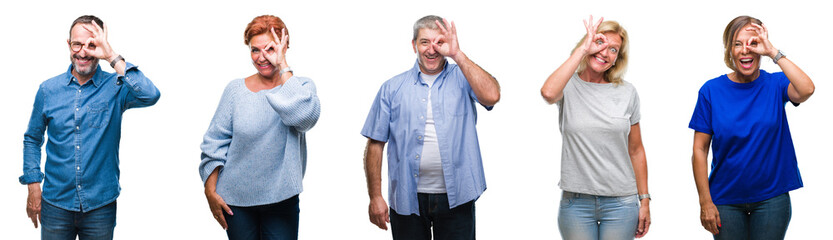 Collage of group of middle age and senior people over isolated background doing ok gesture with hand smiling, eye looking through fingers with happy face.