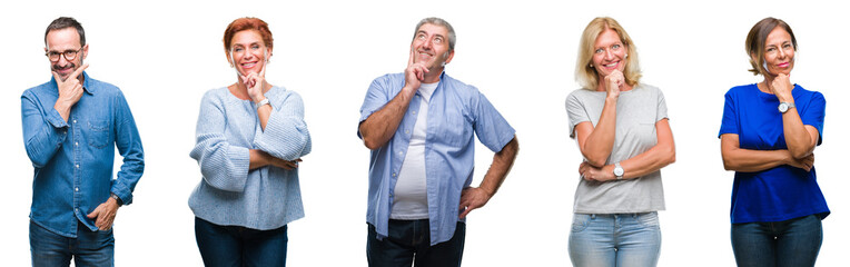 Collage of group of middle age and senior people over isolated background looking confident at the camera with smile with crossed arms and hand raised on chin. Thinking positive.