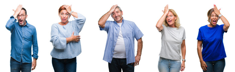 Collage of group of middle age and senior people over isolated background surprised with hand on...