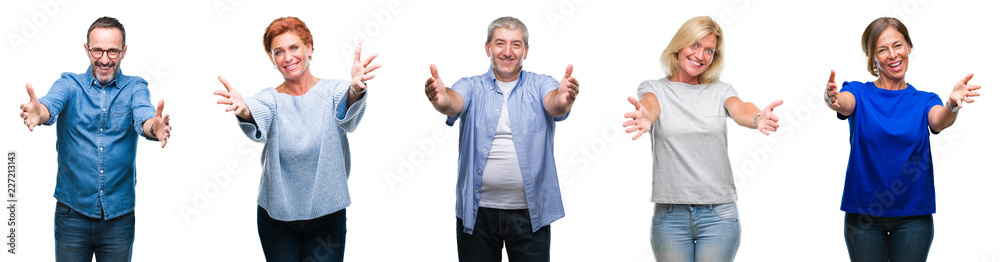 Wall mural Collage of group of middle age and senior people over isolated background looking at the camera smiling with open arms for hug. Cheerful expression embracing happiness.