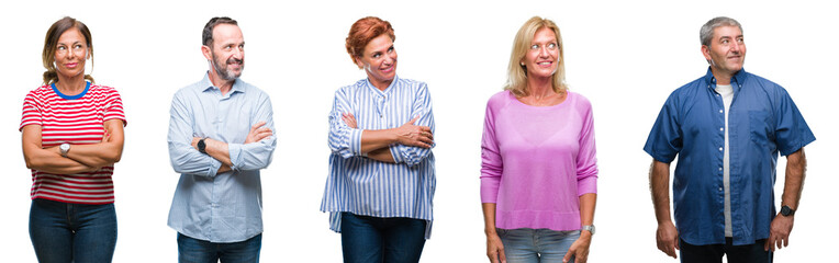 Collage of group of middle age and senior people over isolated background smiling looking side and...