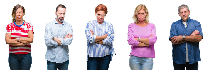 Collage of group of middle age and senior people over isolated background skeptic and nervous, disapproving expression on face with crossed arms. Negative person.