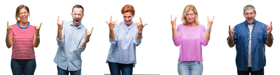 Collage of group of middle age and senior people over isolated background shouting with crazy expression doing rock symbol with hands up. Music star. Heavy concept.