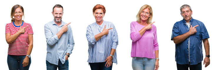 Collage of group of middle age and senior people over isolated background cheerful with a smile of face pointing with hand and finger up to the side with happy and natural expression on face