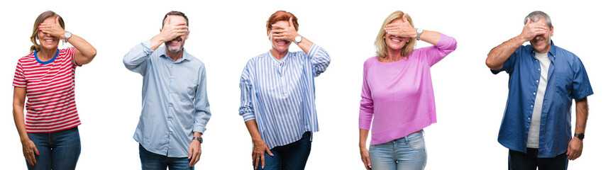 Collage of group of middle age and senior people over isolated background smiling and laughing with...