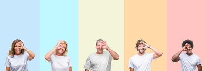 Collage of group of young and middle age people wearing white t-shirt over color isolated background doing ok gesture with hand smiling, eye looking through fingers with happy face.