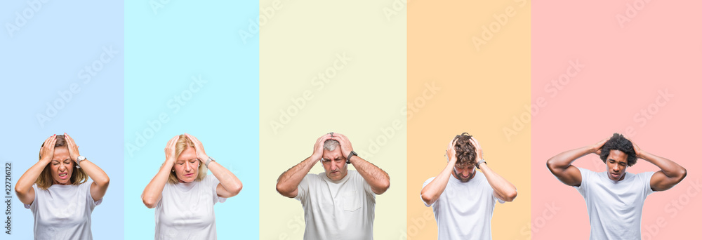 Sticker Collage of group of young and middle age people wearing white t-shirt over color isolated background suffering from headache desperate and stressed because pain and migraine. Hands on head.