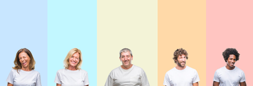 Collage of group of young and middle age people wearing white t-shirt over color isolated background winking looking at the camera with sexy expression, cheerful and happy face.