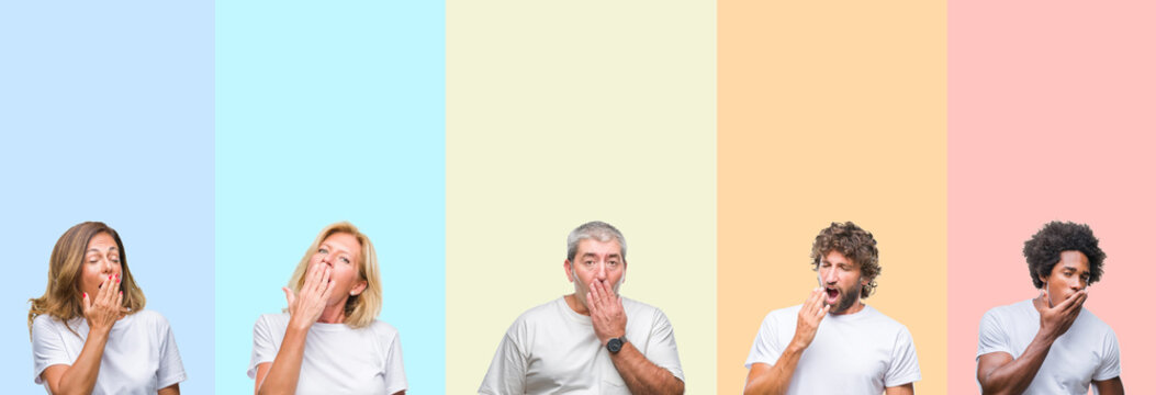 Collage of group of young and middle age people wearing white t-shirt over color isolated background bored yawning tired covering mouth with hand. Restless and sleepiness.