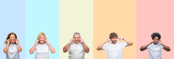 Obraz premium Collage of group of young and middle age people wearing white t-shirt over color isolated background covering ears with fingers with annoyed expression for the noise of loud music. Deaf concept.