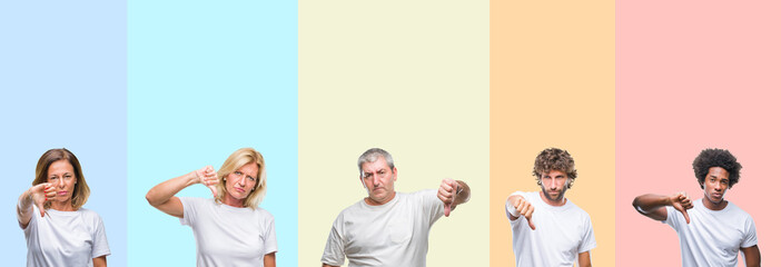 Collage of group of young and middle age people wearing white t-shirt over color isolated background looking unhappy and angry showing rejection and negative with thumbs down gesture. Bad expression.