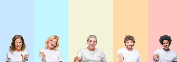 Collage of group of young and middle age people wearing white t-shirt over color isolated background smiling friendly offering handshake as greeting and welcoming. Successful business.